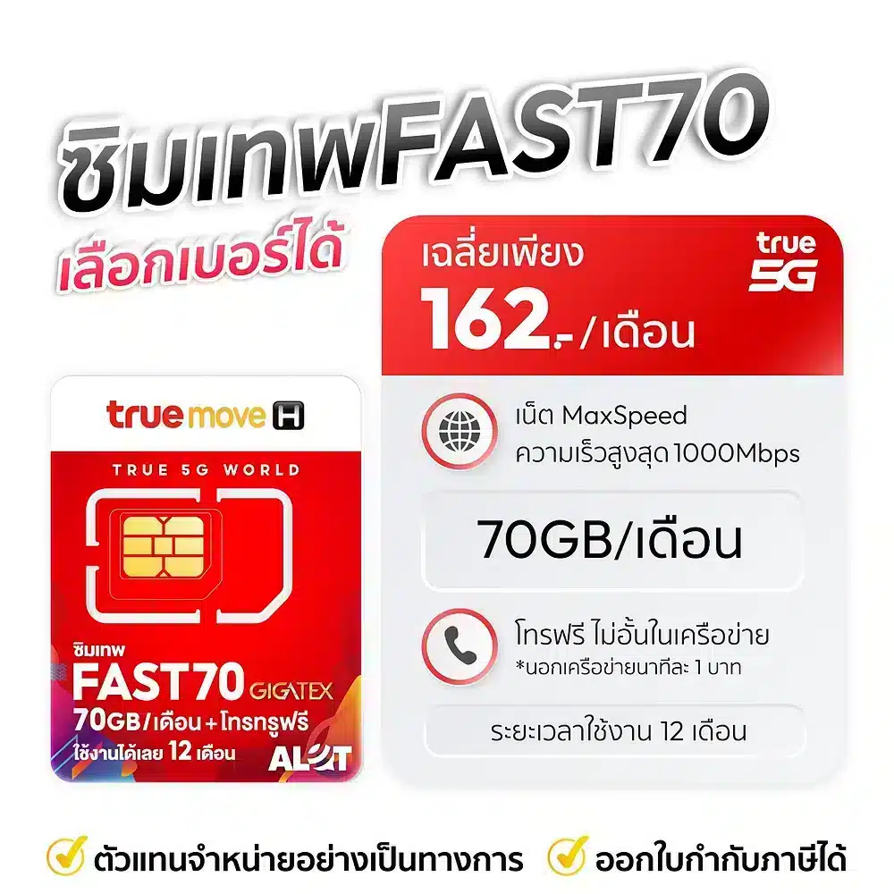 ซิมเทพ TRUE FAST 70 เลือกเบอร์ได้ เน็ตแรงเต็มสปีด 70 GB ราคาถูก