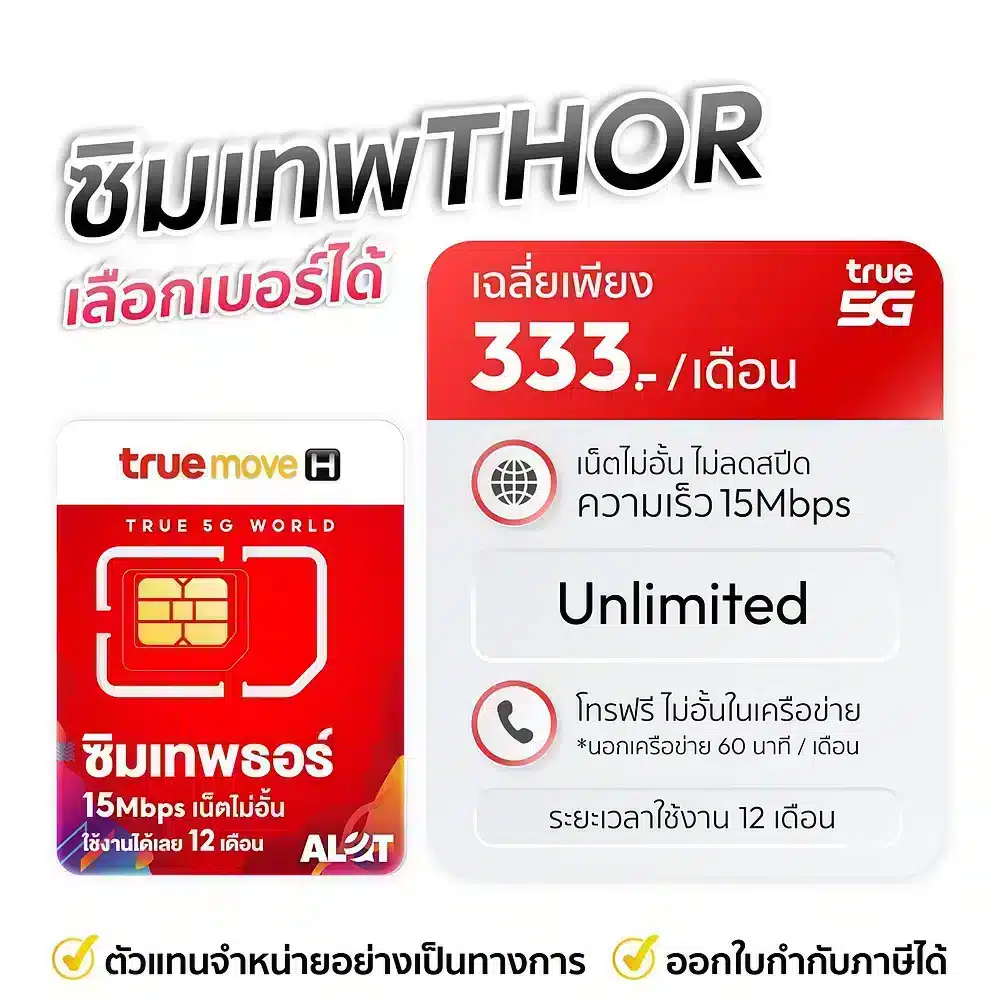 ซิมเทพธอร์ 15 Mbps เลือกเบอร์ได้ เน็ตไม่อั้น ไม่ลดสปีด ราคาถูก