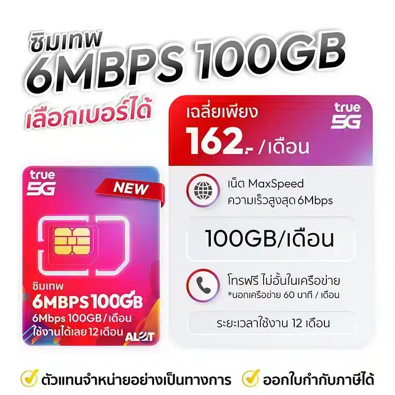 ซิมเทพทรู 6Mbps 100GB เล่นเน็ตไม่อั้น โทรฟรีทุกเครือข่าย