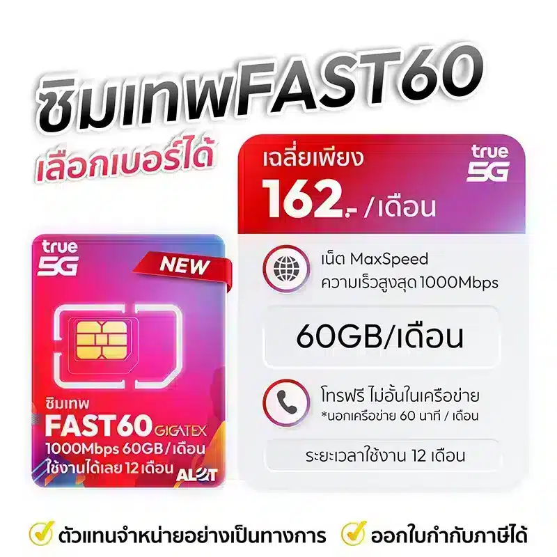 ซิมเทพ Fast60 เน็ตไม่อั้น เน็ตแรง 1000Mbps