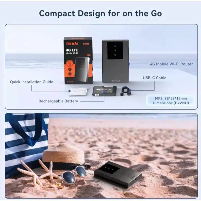 อุปกรณ์ภายในกล่อง Tenda 4G180 พร้อมแบตเตอรี่ สาย USB-C และคู่มือ