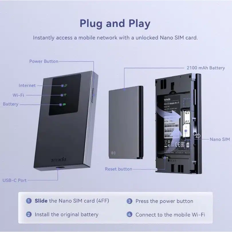 ตำแหน่งปุ่ม ช่อง USB-C แบตเตอรี่ และช่อง Nano SIM ของ Tenda 4G180