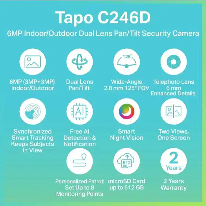 กล้องวงจรปิดเลนส์คู่ TP-Link Tapo C246D พร้อม AI และภาพสีกลางคืน