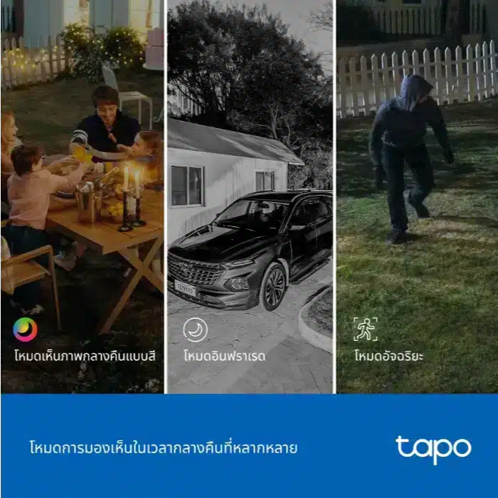 กล้อง Tapo C246D แสดงโหมดภาพสีกลางคืน อินฟราเรด และโหมดอัจฉริยะ