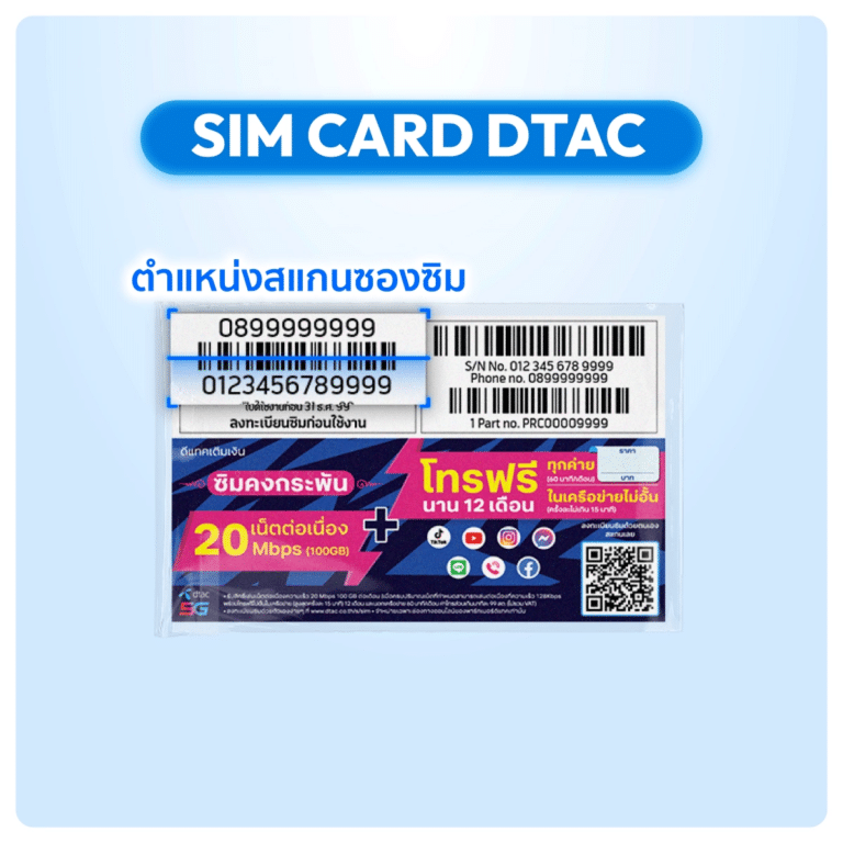 ตำแหน่งสแกนบาร์โค้ดและหมายเลขบนซองซิม dtac สำหรับลงทะเบียนซิม